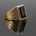 Vintage Herrenring Gold vergoldeter Edelstahl mit schwarzem Edelstein und Gittermuster - US 5 / Gold/Schwarz