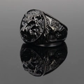 Vintage oxidized titanium steel lion head ring with detailed 3D relief carving - Size 7 / Black
