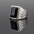 Men's vintage silver titanium steel ring with a large rectangular black gemstone inlay - Silver/Black