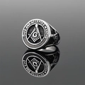 Vintage steel Freemason ring with G compass symbol and black circular engraved finish - Size 7 / Silver