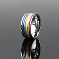 Polished stainless steel wide band ring featuring colorful rainbow enamel inlay with reflection - Size 7 / Steel Base Rainbow