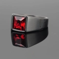 Titanium steel ring for men with square cut red gemstone and black brushed metal finish - Size 7 / Black Ring Red Stone