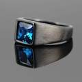 Men's titanium steel ring with black brushed finish and square blue sapphire gemstone - Size 7 / Black Tone Blue Gemstone