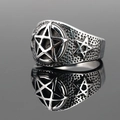 Anillo punk gótico retro con estrella pentagrama en acero inoxidable envejecido - US 7 / Color Acero