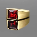 Men's titanium steel signet ring with gold plating and square red ruby gemstone - Gold Band Red Gemstone