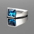 Men's silver brushed titanium ring featuring a large square sapphire blue gemstone - Silver Tone Blue Eye
