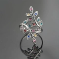 Retro silver branch leaf ring with colorful gemstones and antique finish - Size 5 / Steel Base Multi-color Zircon
