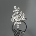 Elegant silver branch ring with sparkling leaf zircons and beaded edge details - Size 5 / Silver Tone White Zirconia
