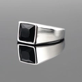 Men's silver stainless steel ring with a large square black gemstone inlay and brushed finish - Steel Base Black Rhinestone