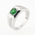 Men's wide stainless steel ring with oval green gemstone and brushed silver band - Size 7 / Emerald