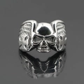 Vintage punk men's skull ring with iron cross and wing details in silver finish - Size 7 / Retro Silver