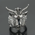 Vintage silver steel goat head ring with horn detail and pentagram for men - US 8 / Antique Silver