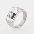 Bague polie en acier inoxydable pour homme avec zircon carré et anneau texturé argenté - Taille 7 / Argent (Style A)