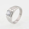 Bague homme en acier argenté avec rainures en escalier et zircon rond serti à quatre griffes - Taille 7 / Argent (Style D)
