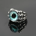 Retro punk devil's eye ring with silver-black steel claw and blue-green eyeball detail - Size 7 / Silver Teal Eye