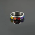 Polished stainless steel band ring with vibrant rainbow enamel hearts and mirror reflection - US 7 / Silver