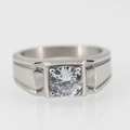 Men's titanium steel solitaire ring with a round diamond and brushed inner band - Size 7 / Style D Silver Tone Rhinestone