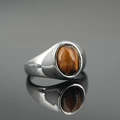 Polished silver titanium steel ring featuring an oval tiger eye stone inlay - US 7 / Silver Base Tiger Eye Stone