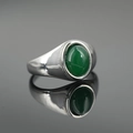 Polished silver signet ring featuring a smooth oval green agate stone inlay - US 7 / Silver Base Green Stone