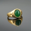 Vintage signet ring with green agate stone set in polished gold finish metal band - Gold Base Green Stone