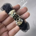 Elegant black camellia hair scrunchie with rhinestones and vintage mesh detail - Bowknot Black Style / Black