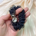 Black mesh scrunchie featuring a rhinestone crystal and camellia flower charm - Diamond Black Style