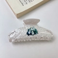 Pearly white acetate cat hair claw clip with rhinestones and vintage kitten prints - White Yuanbao