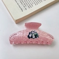Pink marble resin cat hair claw clip with rhinestones and cute illustration - Pink Yuanbao