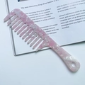 Pink and white marble texture acetate hair comb with wide teeth and geometric handle - Pink & White