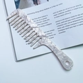 Wide-tooth acetate hair comb in pearl white marble texture with geometric handle - Jade White