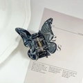 Blue marble patterned butterfly hair claw clip with gold metal spring for women - Black and Gray