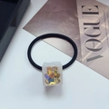 Élastique à cheveux noir avec cube en acétate blanc orné d'un ours brillant en strass - Blanc