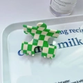 Green and cream checkerboard puzzle hair claw clip in a minimalist vanity setup - 3# Green