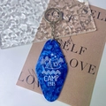 Deep blue marble acrylic motel keychain with white CAMP 1985 camping graphic - Gold Accessories / Blue