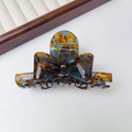 Bow hair claw in navy blue and amber tortoiseshell pattern with handmade gold lettering - Blue Brown