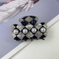 French retro black and grey checkerboard hair claw clip with elegant pearls decoration - 1# Bow Grey