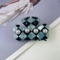 Checkerboard pattern hair claw clip with pearls in blue and black finish - 2# Bow Blue