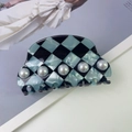 Blue checkerboard hair claw clip with pearl accents in a vintage french style - 4# Semicircle Blue