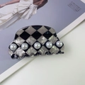 Chic black and grey checkered hair claw clip with five white pearl accents - 5# Semicircle Gray
