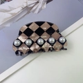 Checkerboard hair claw clip with faux pearls and black beige plaid vintage style - 6# Semicircle Coffee
