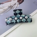 French vintage checkered hair claw clip with blue patterns and white pearl embellishments - 7# Square Blue