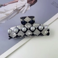 Retro black and white checkerboard hair claw clip with elegant pearl embellishments - 8# Square Gray