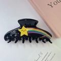 Pince à cheveux étoile noire avec rayures arc-en-ciel colorées et strass brillants - Noir