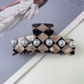 Checkered hair claw clip with six white pearls and marble texture on acetate finish - 9# Square Coffee