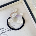 Elastic ponytail holder with cute pearlescent resin poodle and sparkling rhinestone accent - White