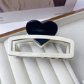 Creamy white acetate rectangle hair claw clip with glossy black heart ornament - Large - White (8.9cm*4cm)