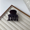 Detail of glossy deep purple claw clip on beige velvet tray with elegant styling - Chocolate