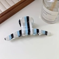 Blue and white vertical striped acetate claw clip shown on a wooden decorative tray - Large Arc Claw Clip / Coat Hanger Shape-Blue Stripes
