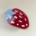 Sweet red strawberry acetate hair claw clip with blue leaf and sparkling rhinestone details - Red