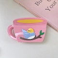 Pink coffee cup hair claw clip with colorful 3D bird motif and glossy resin finish - Pink Cup Style